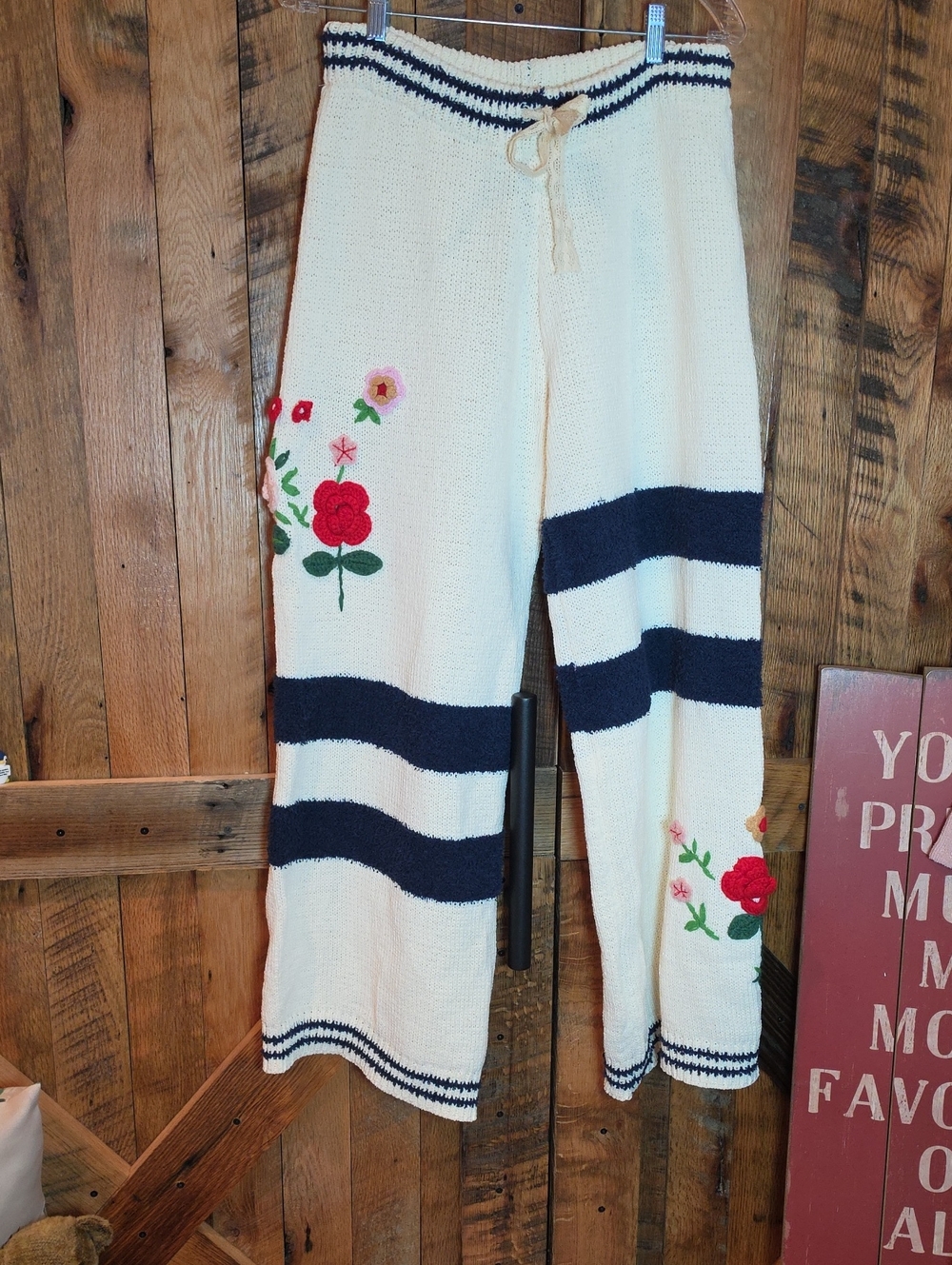 249p POL Cream Knit Joggers with Navy Stripes & Floral Embroidery